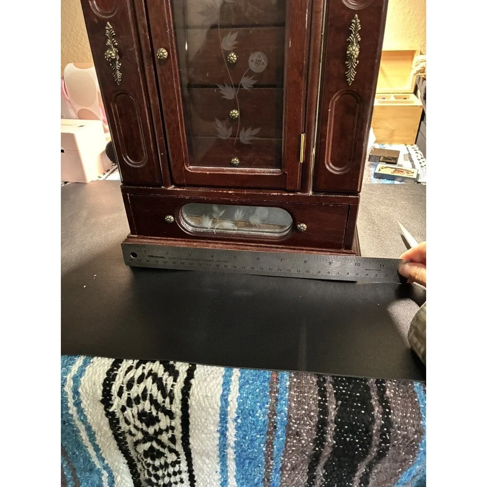 Vintage Wooden Jewelry Armoire Cabinet with‎ Etched Glass